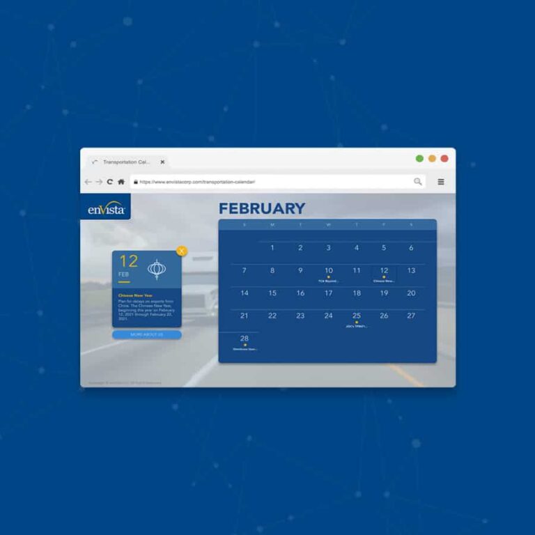 A digital calendar for February is displayed on a computer screen, showing highlighted dates and an event on February 12. The background features a road scene, and the enVista logo is visible on the left.