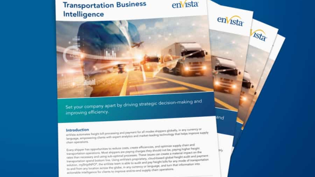 A stack of brochures titled Transportation Business Intelligence featuring images of trucks, a cargo ship, and digital graphs, set against a blue background. The enVista logo appears on the top right corner of each brochure.