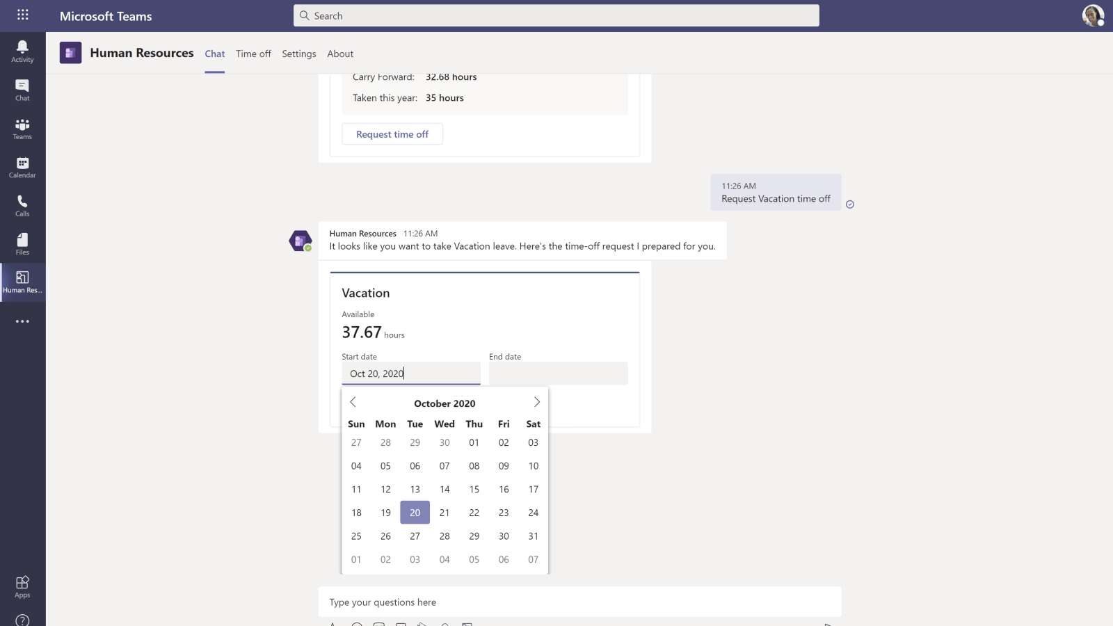 A Microsoft Teams chat shows a user requesting vacation time through Dynamics 365 Human Resources. A message displays vacation hours and an open calendar for selecting dates in October 2020, highlighting October 21 as the start date.