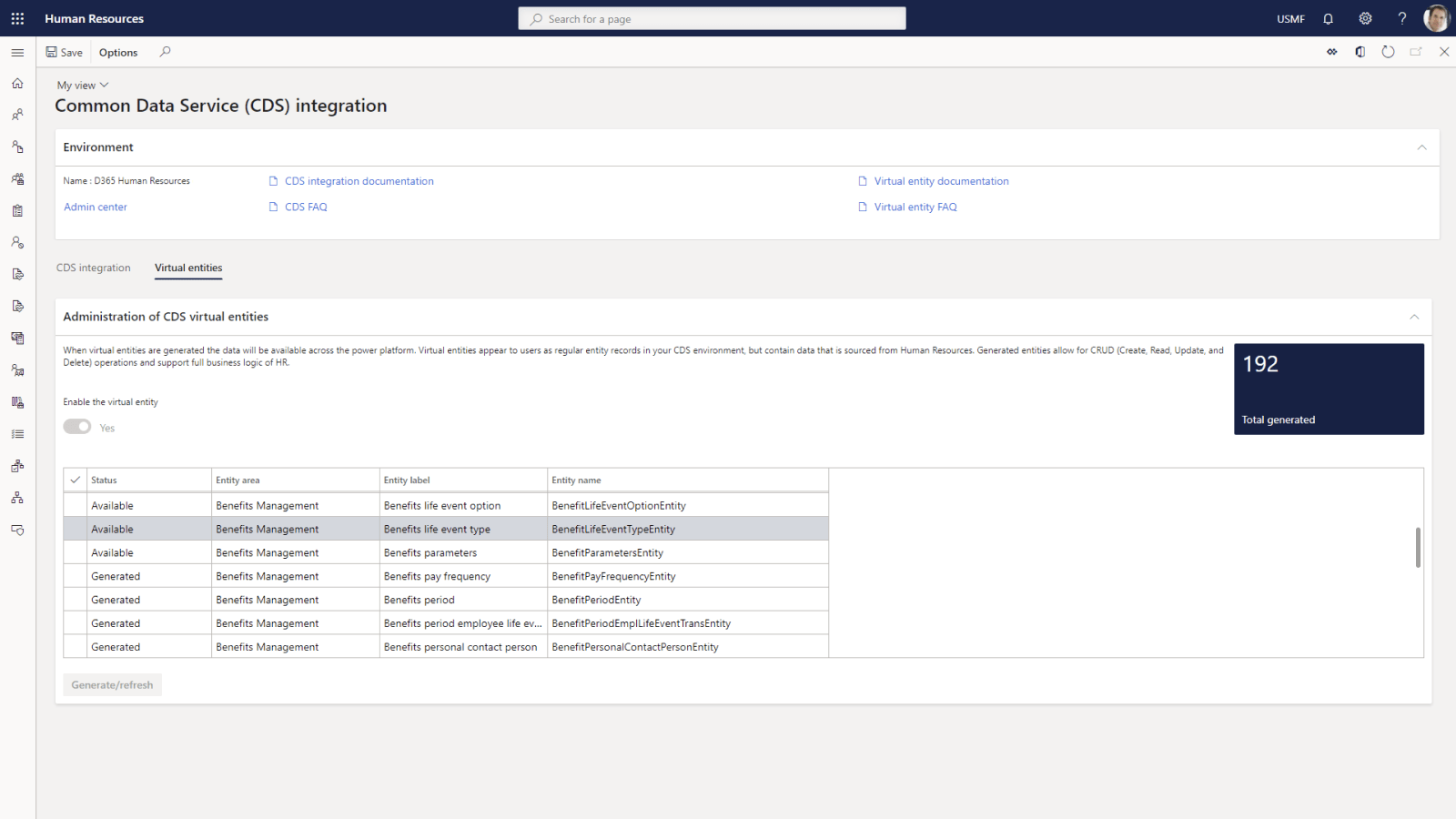 Screenshot of a Dynamics 365 Human Resources web app displaying the Common Data Service (CDS) integration section. A table lists CDS virtual entities’ statuses, names, and entity names, with a sidebar showing 192 total generated.