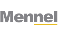The image shows the word Mennel in large, bold gray letters on a light background. A thin yellow line, reminiscent of enVista 365 advanced labels, runs horizontally beneath the letters el at the end of the word.