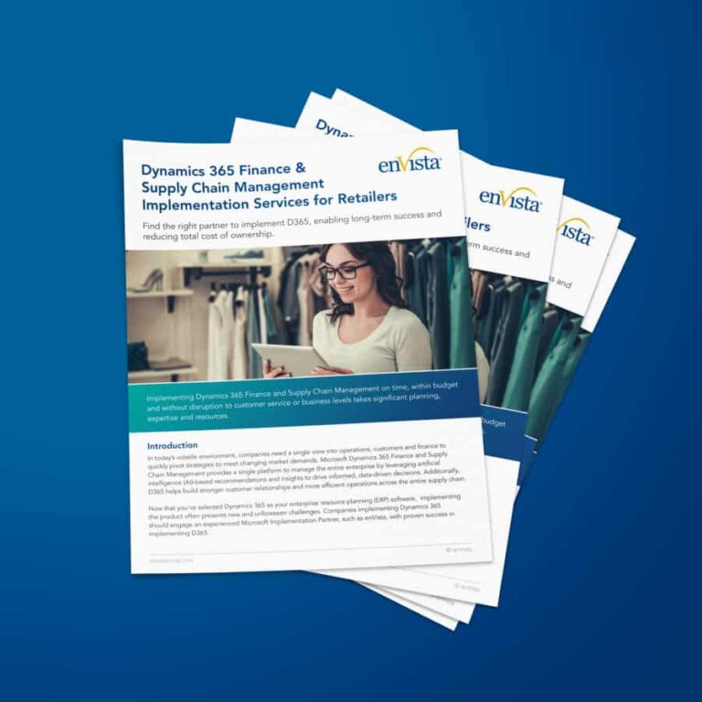 A stack of informational brochures titled Dynamics 365 Finance & Supply Chain Management Implementation Services for Retailers on a blue background, featuring a woman working on a laptop and clothing racks in the background.
