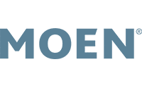 The image shows the MOEN logo with the brand name MOEN in large, blue capital letters on a light gray background, highlighting their commitment to supply chain software implementation.