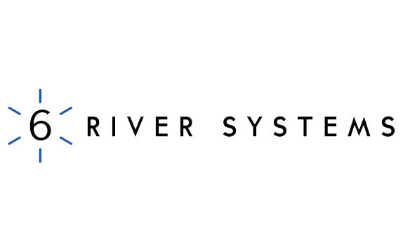 Logo for 6 River Systems, featuring the number 6 with blue radial lines to the left, symbolizing alliances, followed by the words RIVER SYSTEMS in black, modern font on a light background.
