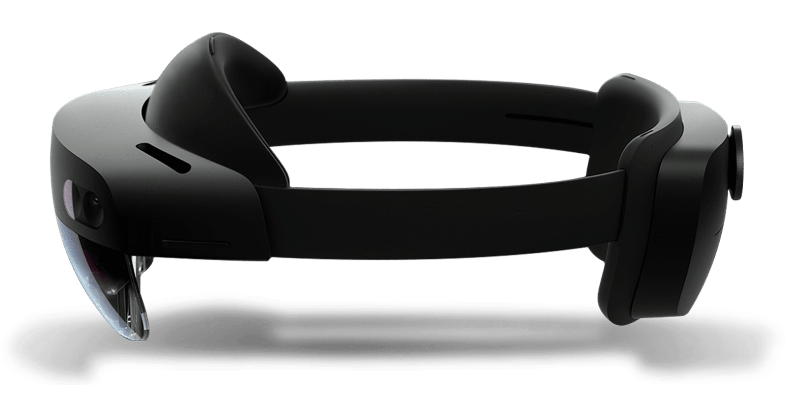A black Microsoft mixed reality headset viewed from the side, featuring a curved visor at the front and a padded headband for comfort.