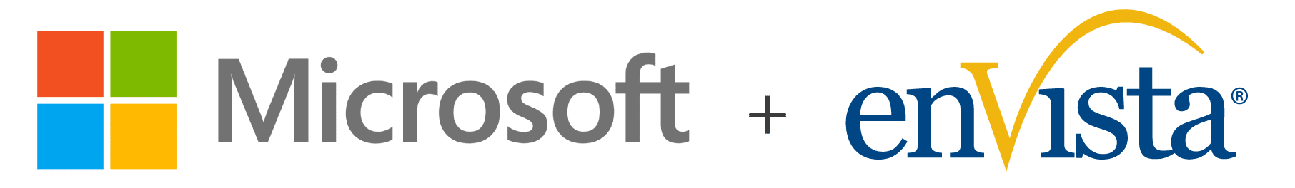 The logos of Microsoft and enVista are shown side by side, separated by a plus sign. Highlighting their partnership, the image suggests collaboration on solutions like Dynamics 365 Business Central. The Microsoft logo has four squares; enVista's logo uses blue and gold text.