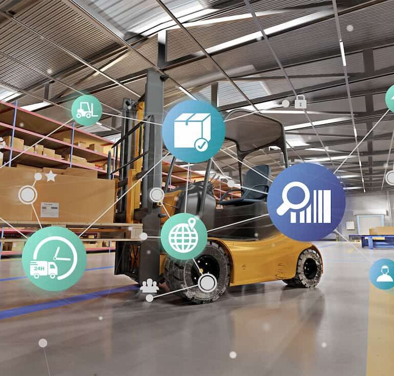 A forklift moves in a warehouse with shelves of boxes; overlaid are digital icons representing logistics, shipping, data analytics, and global connectivity, indicating a smart, automated supply chain system.
