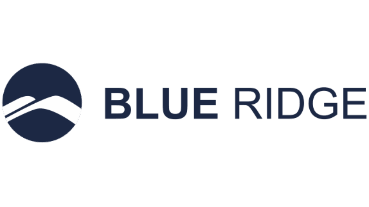Logo with a dark blue circle containing two stylized, white mountain ridges on the left, symbolizing strong alliances, and the words BLUE RIDGE in bold, dark blue letters on the right.