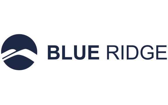 Logo with a dark blue circle containing two stylized, white mountain ridges on the left, symbolizing strong alliances, and the words BLUE RIDGE in bold, dark blue letters on the right.