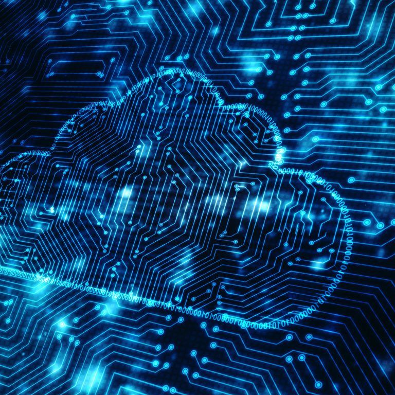 A glowing cloud icon is integrated into a circuit board pattern, symbolizing cloud computing, managed services, and digital technology, with blue lights and lines representing data connections and electronic circuits.