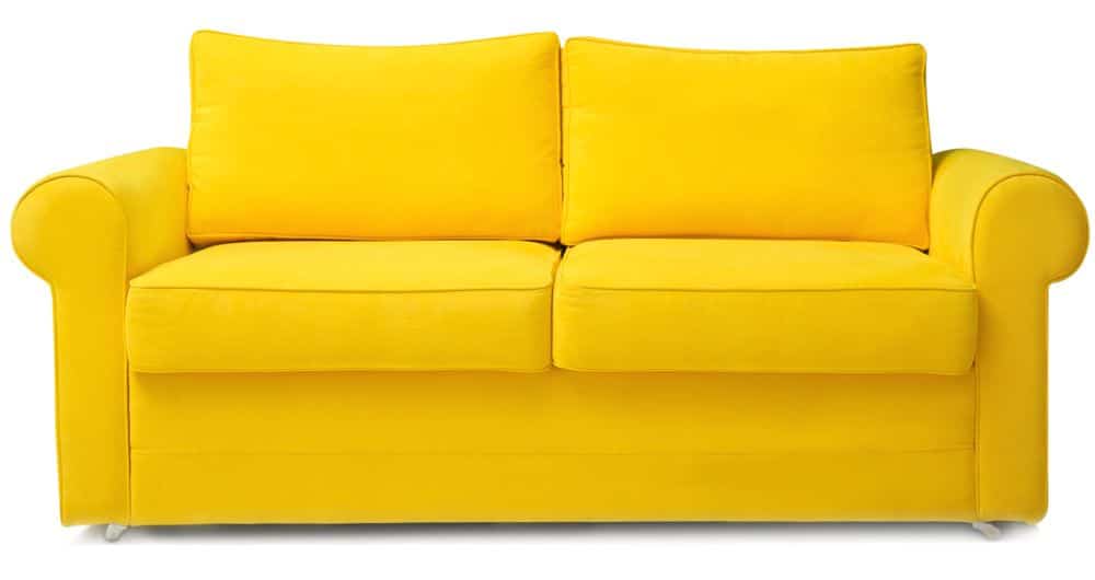 Bright yellow two-seater sofa with plush cushions and rounded arms, photographed against a white background—perfect for elevating retail operations consulting office spaces with style and comfort.