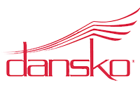 Red dansko logo with stylized, curved horizontal lines above the text—resembling a wing or motion lines—on a light gray background, reflecting efficiency and warehouse optimization.