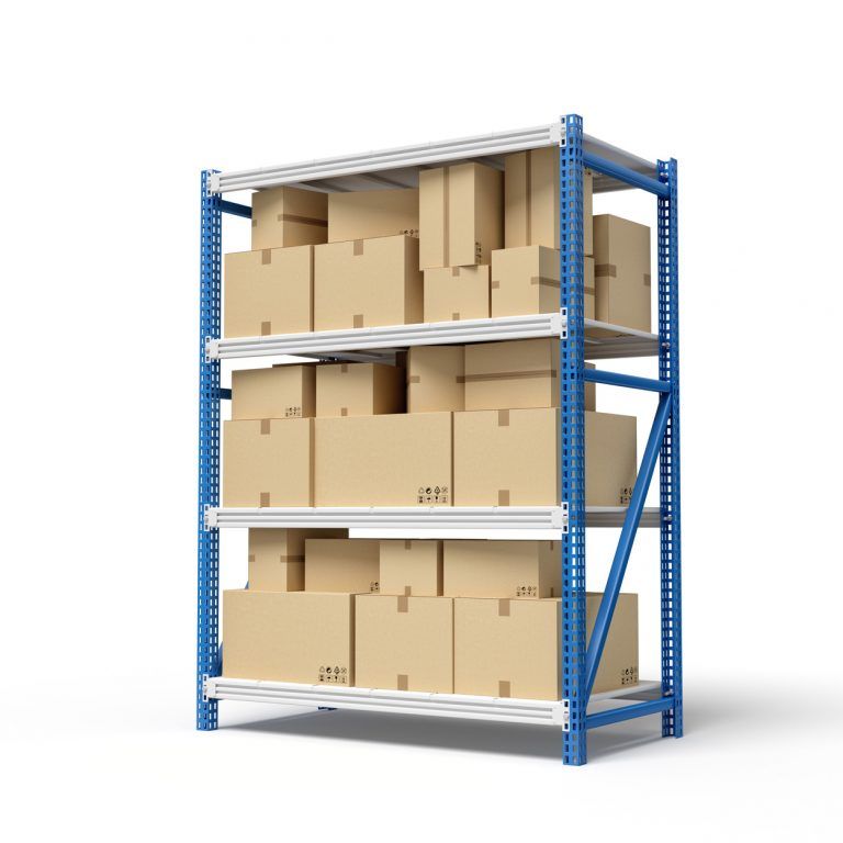 A blue and white metal storage rack filled with large cardboard boxes, organized on three shelves for warehouse optimization, stands against a plain white background.