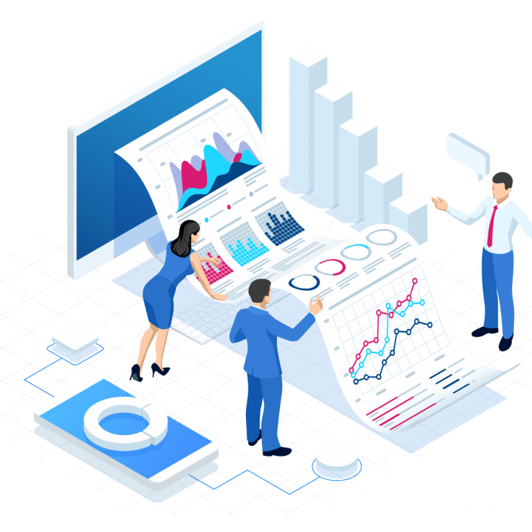 Three business people analyze large charts and graphs on digital screens and printed pages, surrounded by 3D bar graphs and data icons, illustrating data analysis, teamwork, and the impact of Supply Chain Consulting on business decisions.