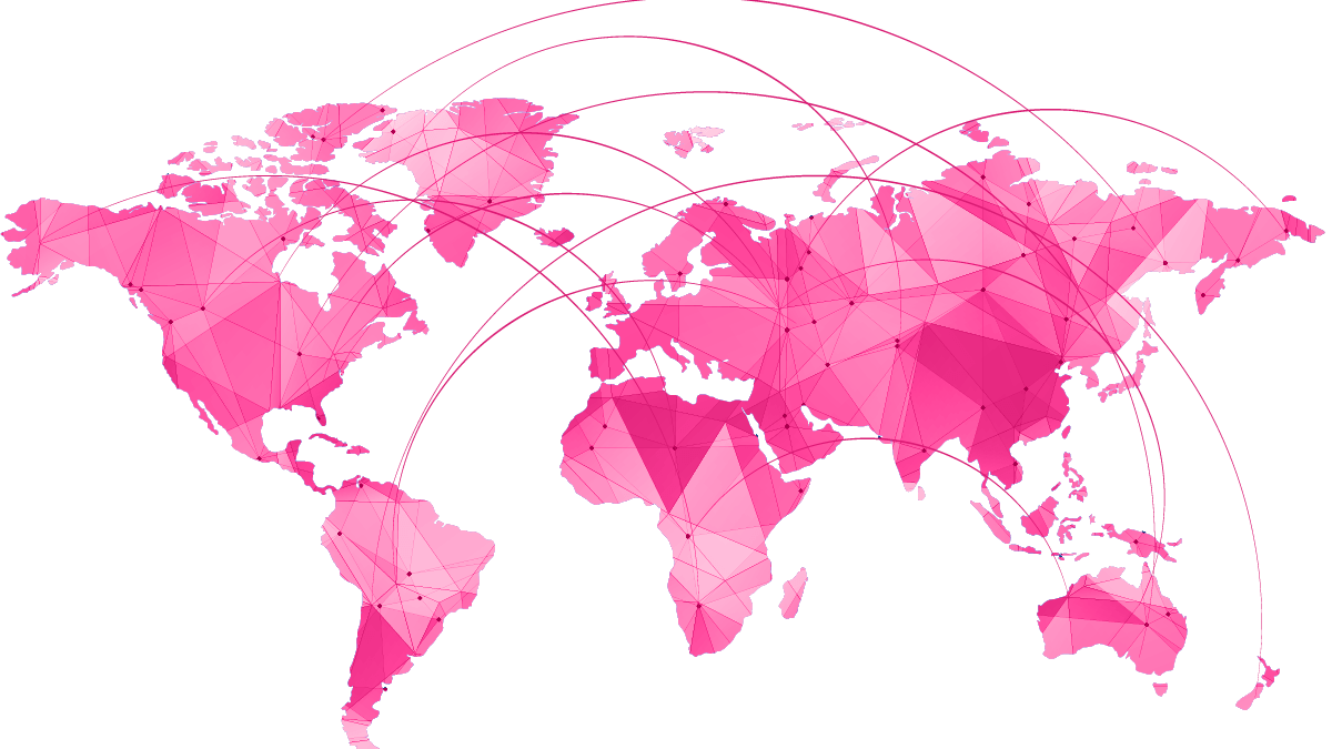 A stylized pink world map with polygonal shapes and dots, featuring curved lines connecting continents, visually represents global connections and Supply Chain Network Design & Optimization Services.