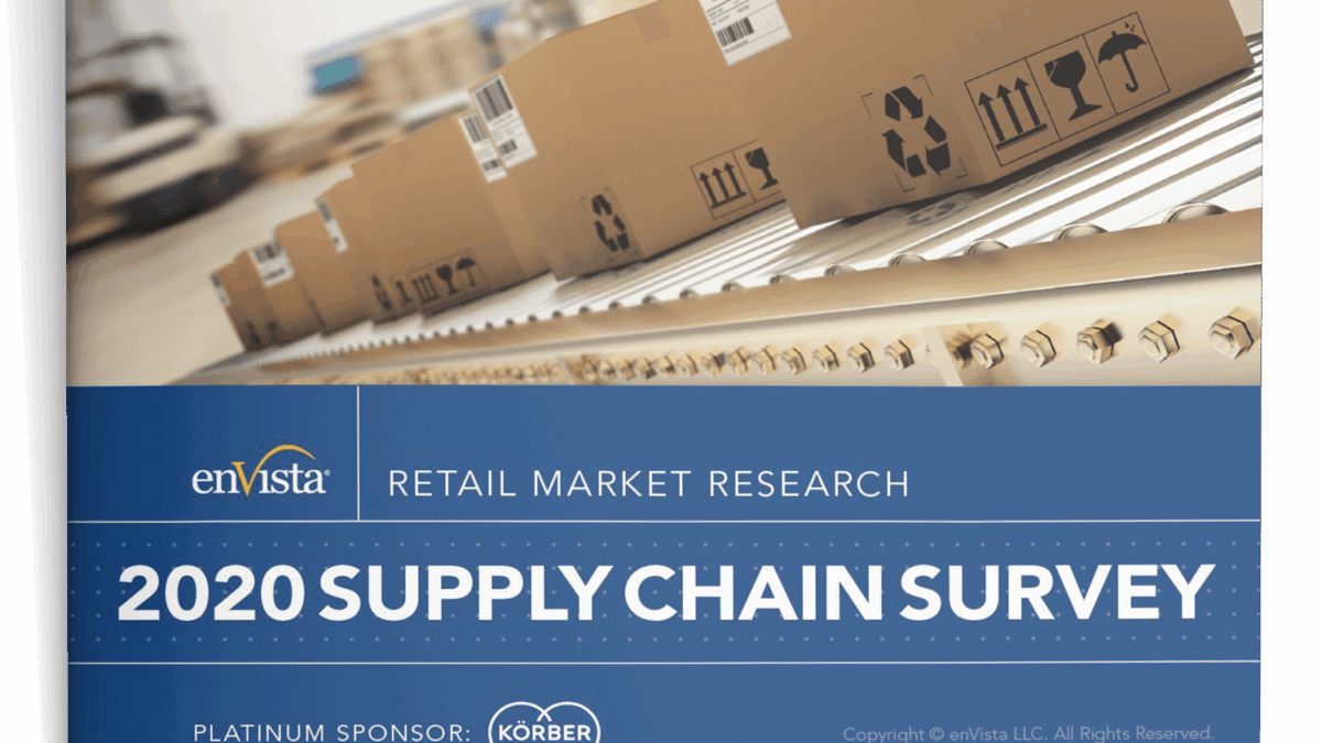 A row of cardboard boxes moves along a conveyor belt in a warehouse. Below, a blue banner reads, enVista Retail Market Research 2020 Supply Chain Survey, with Körber listed as the platinum sponsor.