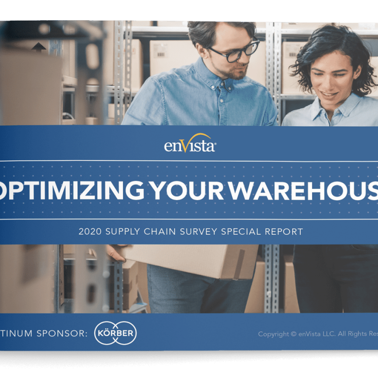 A man and woman hold boxes in a warehouse. The image features a blue banner that reads Optimizing Your Warehouse: 2020 Supply Chain Survey Special Report with logos for enVista and sponsor Körber.