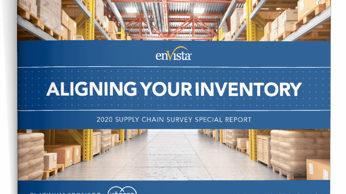 A warehouse aisle lined with shelves full of boxes is featured on a report cover titled Aligning Your Inventory: 2020 Supply Chain Survey Special Report by enVista, with Körber as the platinum sponsor.