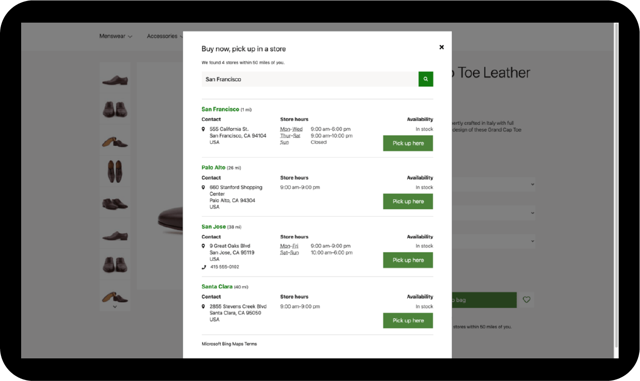 A store locator pop-up in Dynamics 365 Commerce displays five shoe store locations near San Francisco, showing store addresses, hours, contact numbers, and green “Pick up here” buttons for in-store pickup over a blurred shoe product page background.