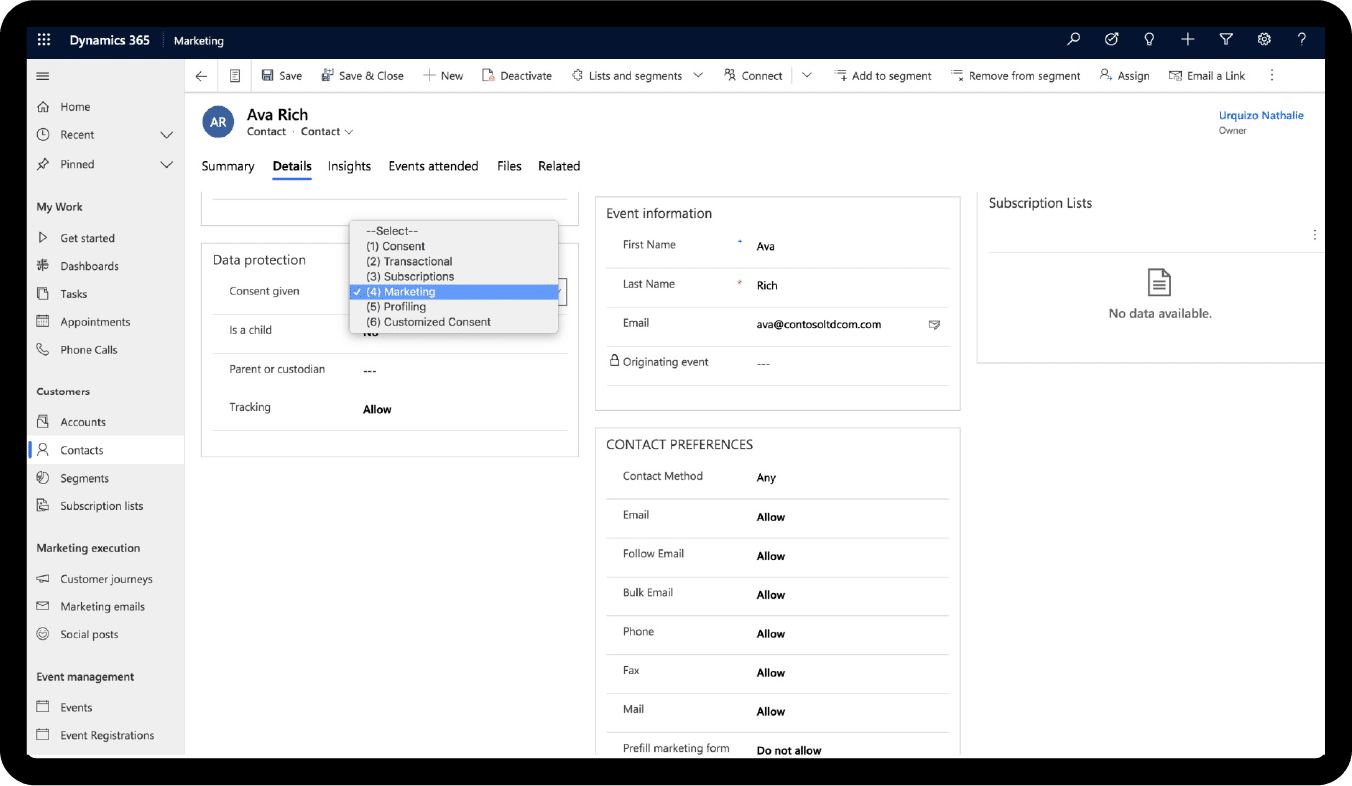 A screenshot of Dynamics 365 Marketing displaying a contact’s details, including event information, contact preferences, and subscription lists. A dropdown menu under Consent type is open, showing options like Profiling and Third party.