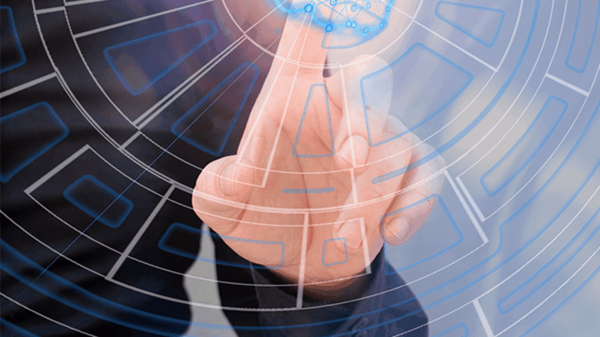 A person in a suit touches a virtual interface, with blue digital network patterns and circular graphics radiating from their fingertip, symbolizing technology and innovation.