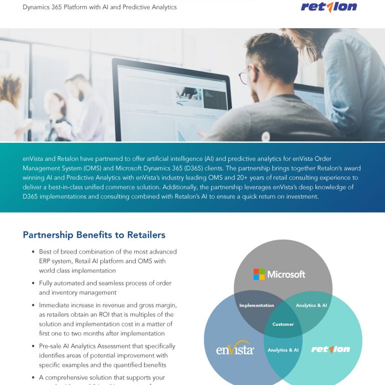 A marketing flyer features the logos of enVista and Retalon, describes their AI and analytics partnership for Microsoft Dynamics 365, lists retailer benefits, and includes an illustrated circle diagram showing integration among enVista, Microsoft, and Retalon.