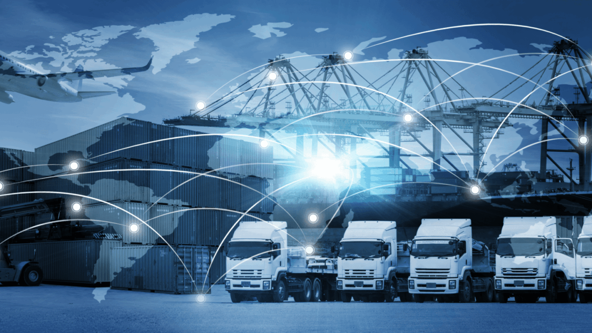A montage showing trucks, shipping containers, cranes, and an airplane overlaid with a world map and connected network lines, representing global logistics and transportation.