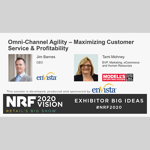 A promotional graphic for an NRF 2020 Vision event features speakers Jim Barnes (enVista CEO) and Tami Mohney (Modell’s Sporting Goods EVP) on omni-channel agility, with their photos, logos, and event details on a gray background.