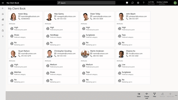 A digital client book interface in Dynamics 365 Commerce displays profiles of several clients, each with contact information and preferences for shoes, handbags, watches, sunglasses, and tops, all organized in a grid layout.