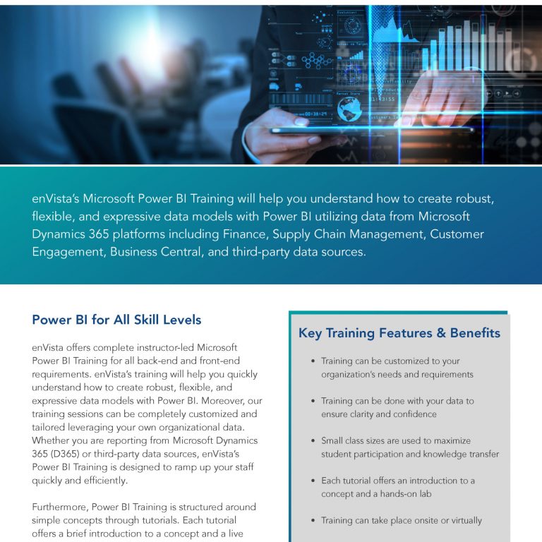 A promotional flyer for enVista’s Microsoft Power BI Training, featuring text about course benefits, skills covered, and key features. The design uses blue, white, and gray tones with enVista’s logo at the top right.