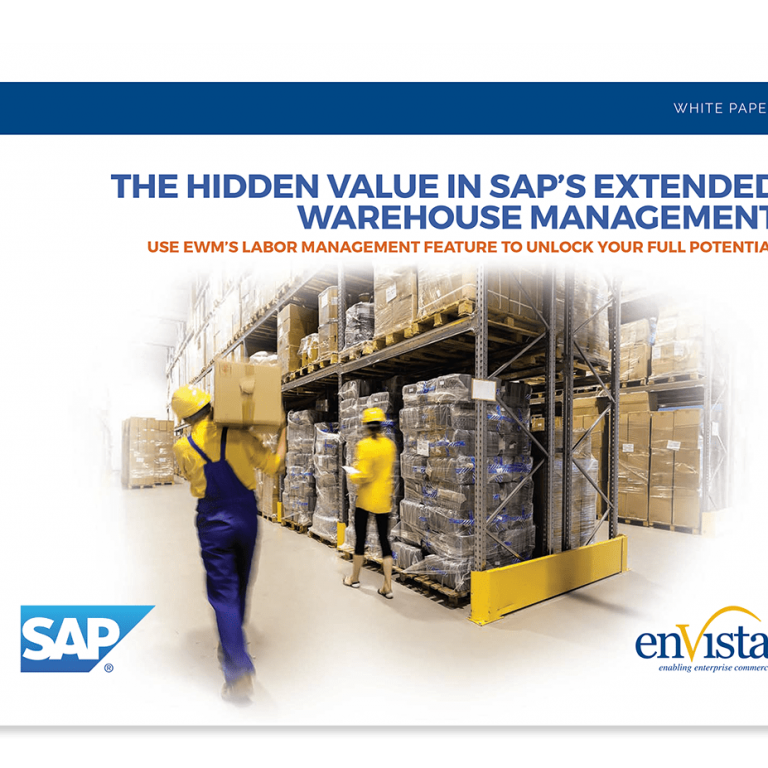 Cover page of a white paper titled The Hidden Value in SAP’s Extended Warehouse Management, featuring warehouse workers moving boxes on shelves. Logos for SAP and enVista are shown at the bottom.