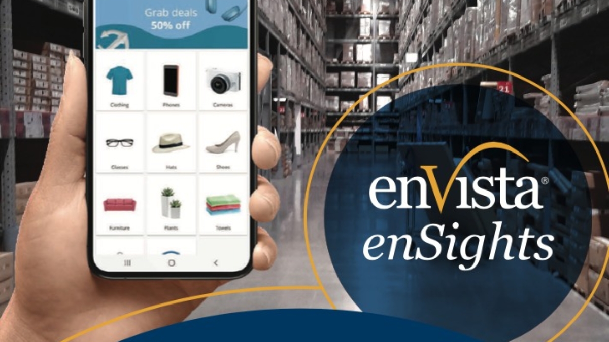 A person holds a smartphone displaying an e-commerce app in a large warehouse aisle. Text reads: enVista enSights. Are Your Distribution Center Operations Ready to Pivot to e-Commerce?.