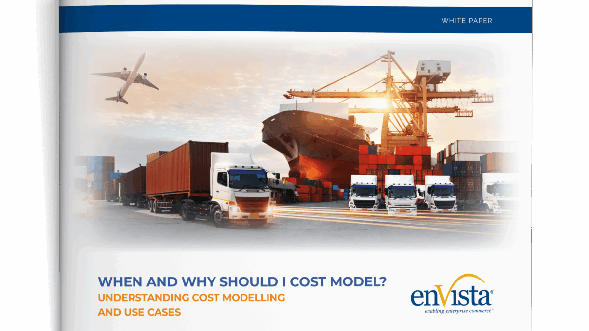 A white paper cover featuring a cargo ship, shipping containers, trucks, and an airplane. The title reads When and Why Should I Cost Model? Understanding Cost Modelling and Use Cases. The enVista logo is at the bottom right.
