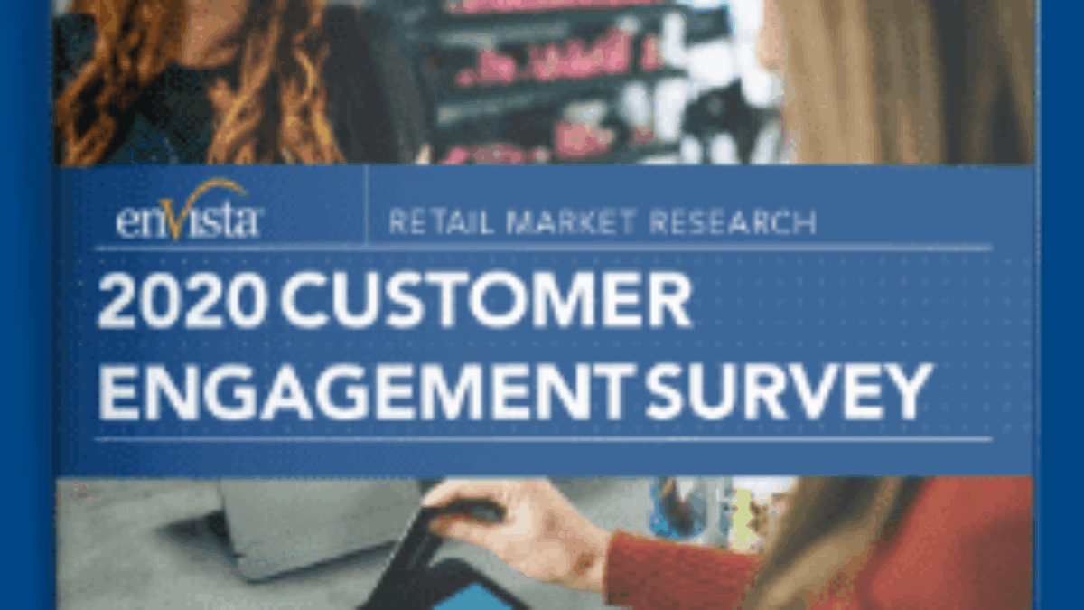 A booklet titled 2020 Customer Engagement Survey by enVista, featuring a partial view of people interacting in a retail setting on the cover.
