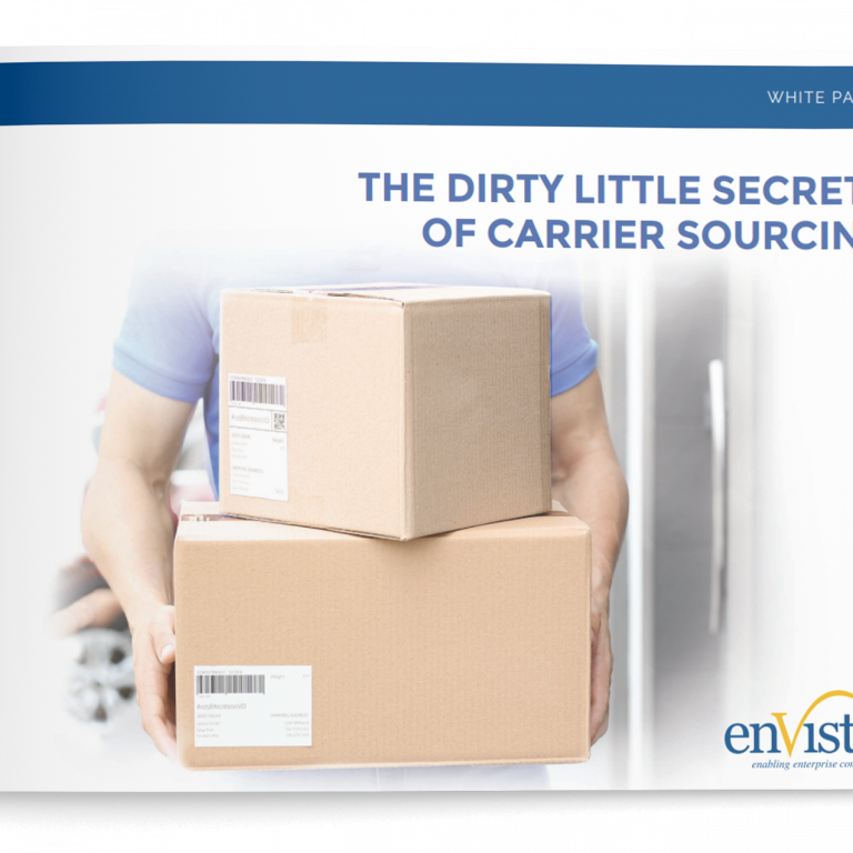 A person in a blue shirt holds two stacked cardboard boxes with shipping labels. The text reads, The Dirty Little Secrets of Carrier Sourcing. The enVista logo appears at the bottom right.