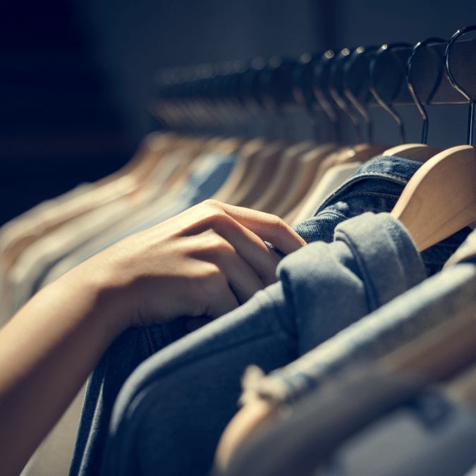 A close-up of a person’s hand browsing through clothes on hangers in a store, with soft lighting highlighting the fabrics and different shades of denim and cotton shirts.