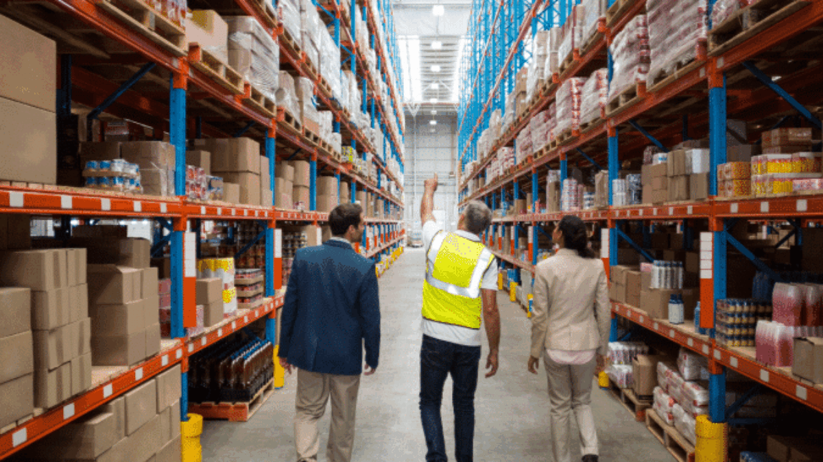 Three people walk down an aisle in a large warehouse, surrounded by tall shelves stocked with boxes and products. One person wears a yellow safety vest, while the others are in business attire.