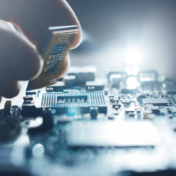 A close-up of a hand installing a computer processor chip onto a motherboard, with a bright light illuminating the electronic components in the background.