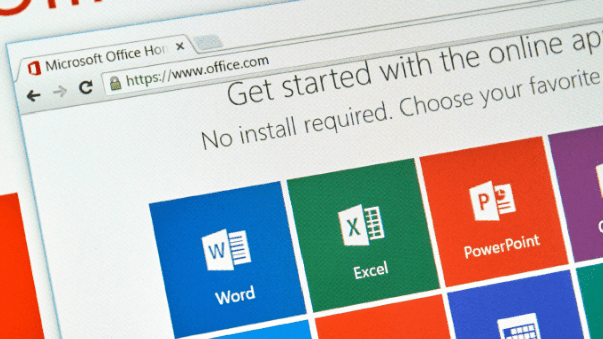 A computer screen displays the Microsoft Office 365 homepage with colorful icons for Word, Excel, PowerPoint, Mail, People, and Calendar under a browser header showing the www.office.com URL.