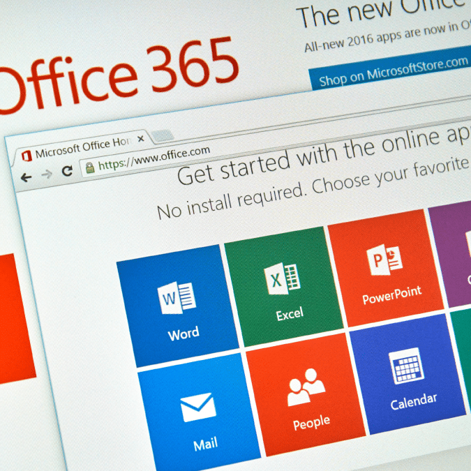 A computer screen displays the Microsoft Office 365 homepage with colorful icons for Word, Excel, PowerPoint, Mail, People, and Calendar under a browser header showing the www.office.com URL.