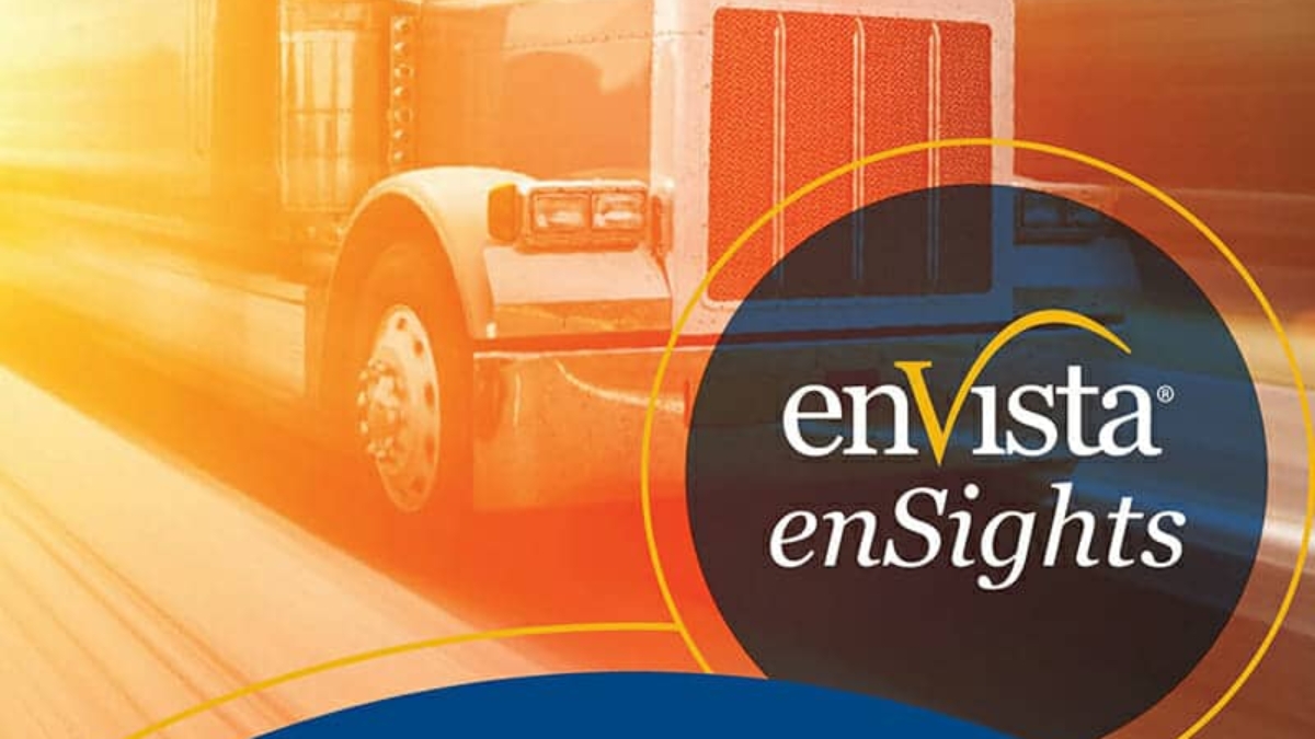 A semi-truck speeds down a highway with an orange hue. The enVista enSights logo is centered, with the text: “Now is the time to get your carriers in your corner. Making Carriers Part of Your Team.”.