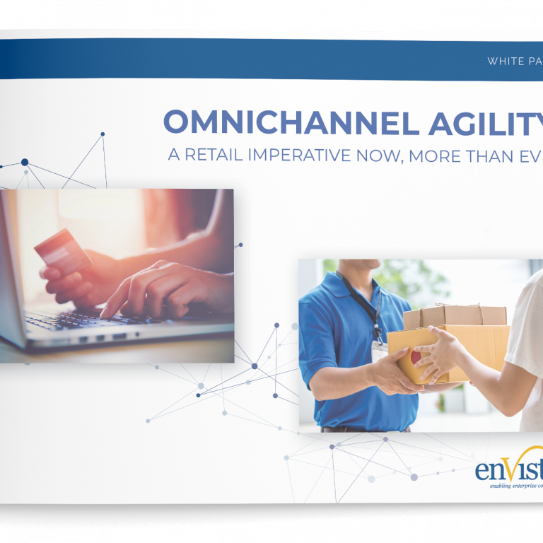 A white paper cover titled Omnichannel Agility: A Retail Imperative Now, More Than Ever with images of hands typing on a laptop with a credit card and a person handing a package to a customer. The enVista logo is at the bottom right.