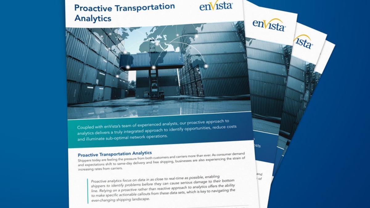 A stack of brochures titled Proactive Transportation Analytics from enVista, featuring an image of a shipping container yard and a world map graphic on the cover, displayed on a blue background.