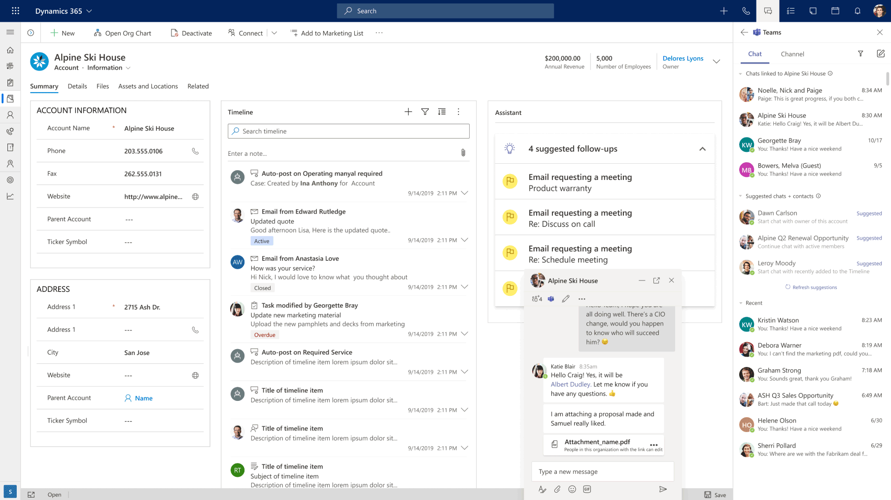 Screenshot of a Dynamics 365 Sales dashboard displaying account details, activity timeline, suggested follow-ups, and an open chat window for support on Alpine Ski House’s customer record.