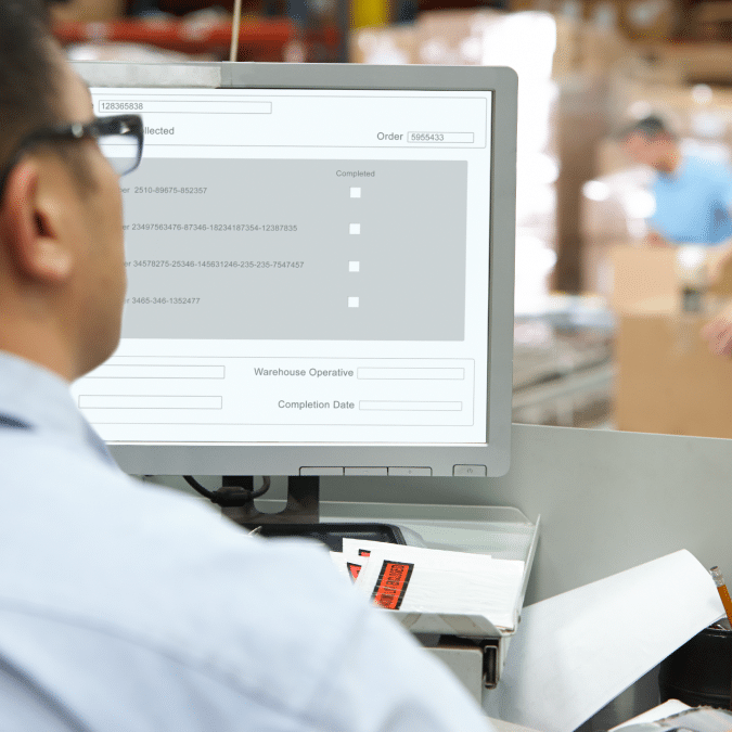 A person wearing glasses is sitting at a desk and looking at a computer screen displaying a warehouse management system. Stacks of papers and boxes are visible nearby, with another person blurred in the background.