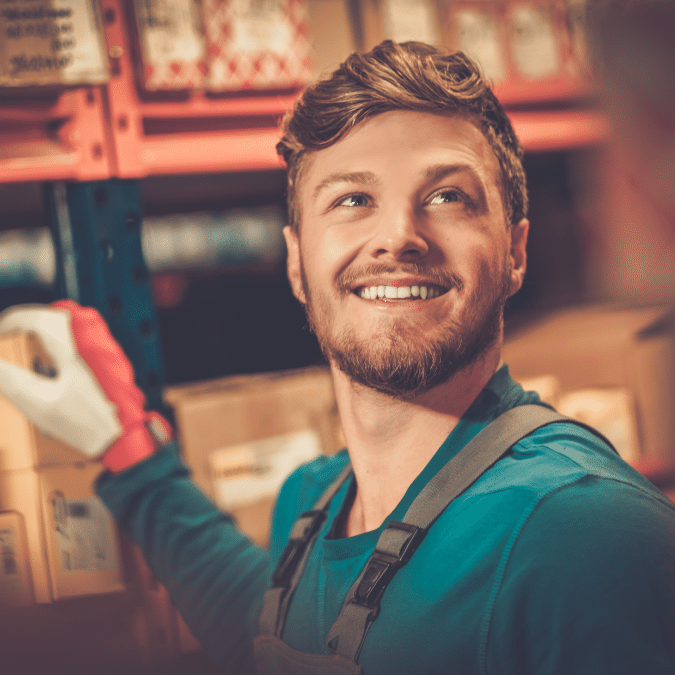 A young man wearing work gloves and an apron smiles while organizing boxes on shelves in a warehouse or storage area.