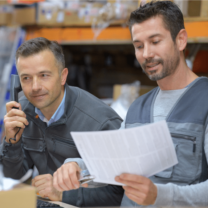Two men in work uniforms are in a warehouse. One is talking on the phone while the other reviews a document, both appearing focused and engaged in their tasks. Boxes and shelves are visible in the background.