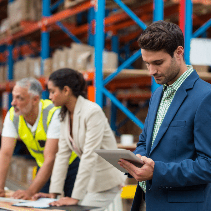 A man in a blue suit uses a tablet in a warehouse, while two colleagues, one in a safety vest and the other in business attire, review documents on a table in the background. Shelves with boxes are visible behind them.