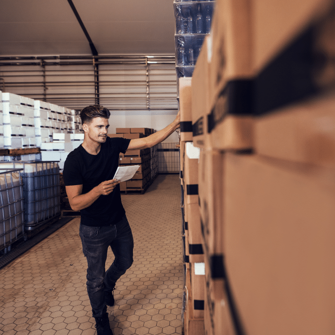 A man in a warehouse holds a clipboard and inspects stacked boxes, appearing to check inventory. He wears a black t-shirt and jeans, and the warehouse has hexagonal floor tiles and metal shelving.