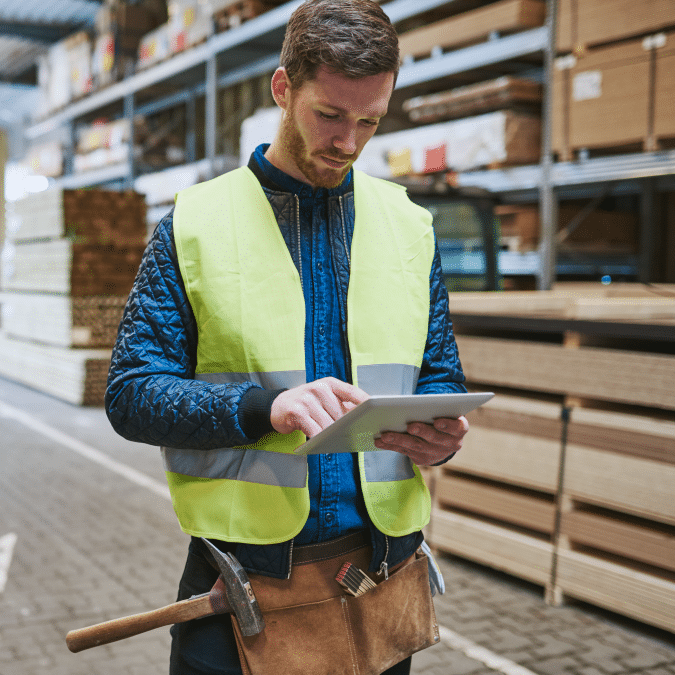 A warehouse worker in a yellow safety vest and tool belt uses a tablet to track tasks near stacked wooden boards, applying engineered labor standards in a large industrial storage area.